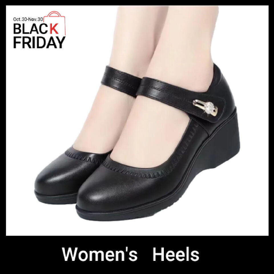 Thor size 38-42 women's PU artificial leather work black  heels shoes ladies single shoes girls' wedge heels soft soled work Shoes Mom anti-slip shoes