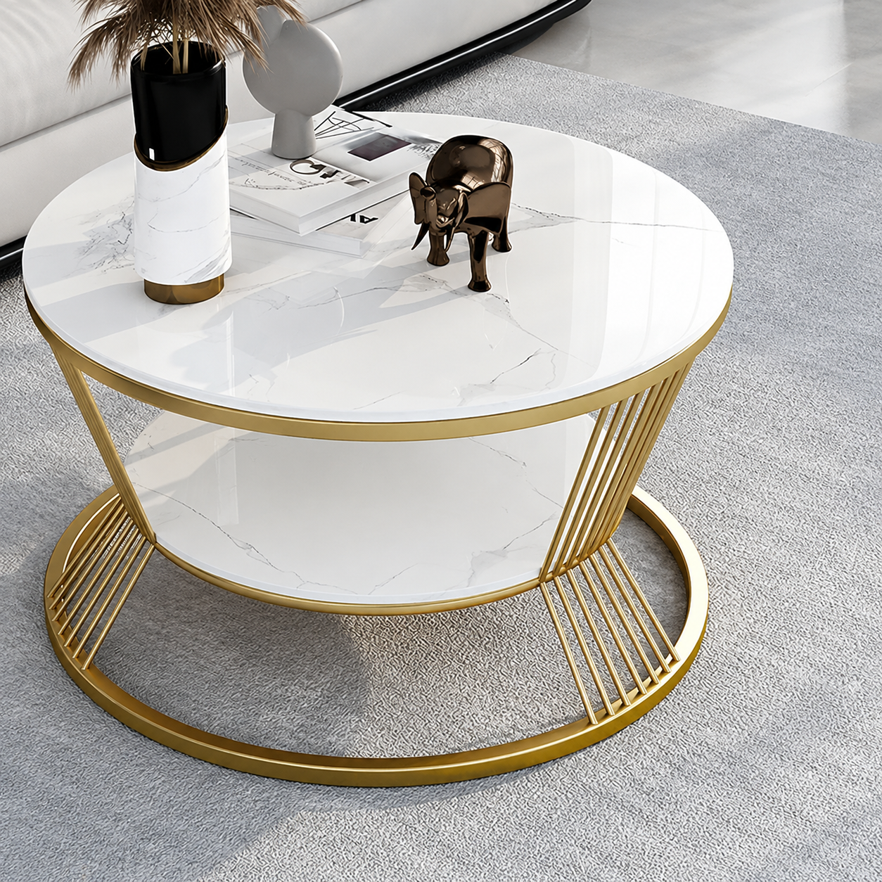 2 Tier End Table Sofa Table Round Coffee Table Hall Table Metal Legs Short Table Tea Table Coffee for Outdoor Commercial Center Room Dining Home