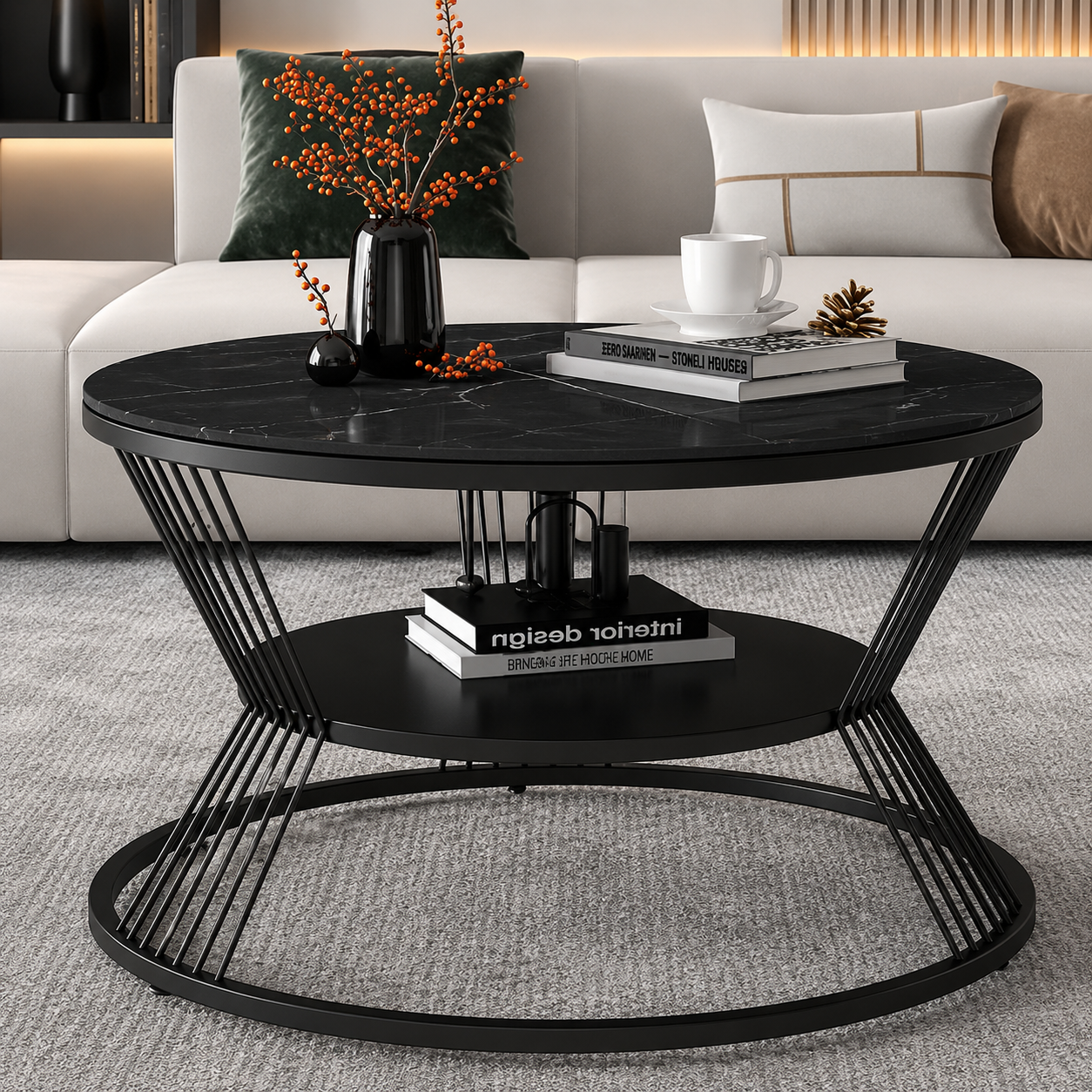 2 Tier End Table Sofa Table Round Coffee Table Hall Table Metal Legs Short Table Tea Table Coffee for Outdoor Commercial Center Room Dining Home