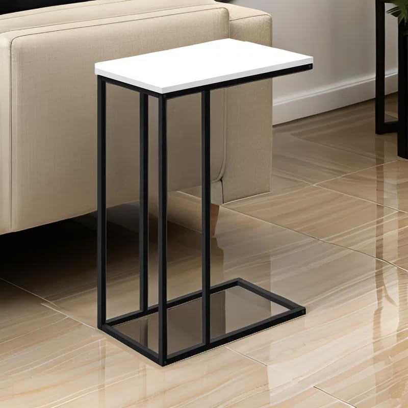 【Promotion】 Sasha C-Shaped Side Table – Portable White Top with Gold Metal Frame for Sofa, Bedside, Laptop & Snack Use