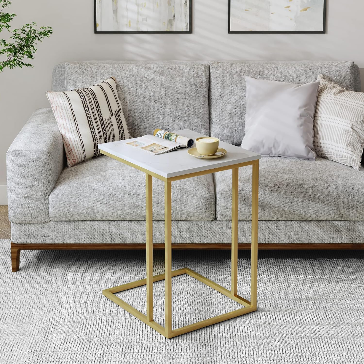 【Promotion】 Sasha C-Shaped Side Table – Portable White Top with Gold Metal Frame for Sofa, Bedside, Laptop & Snack Use