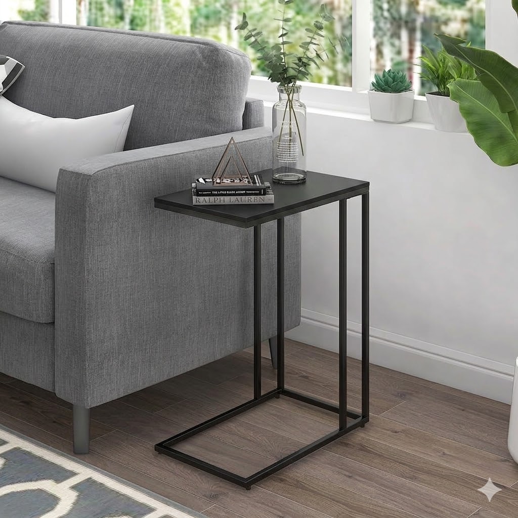 【Promotion】 Sasha C-Shaped Side Table – Portable White Top with Gold Metal Frame for Sofa, Bedside, Laptop & Snack Use