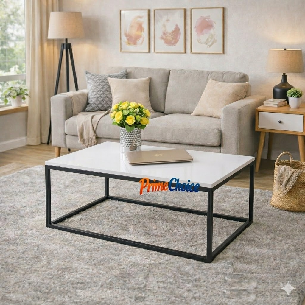 Felly Coffee Table – Modern White Top with Gold Frame