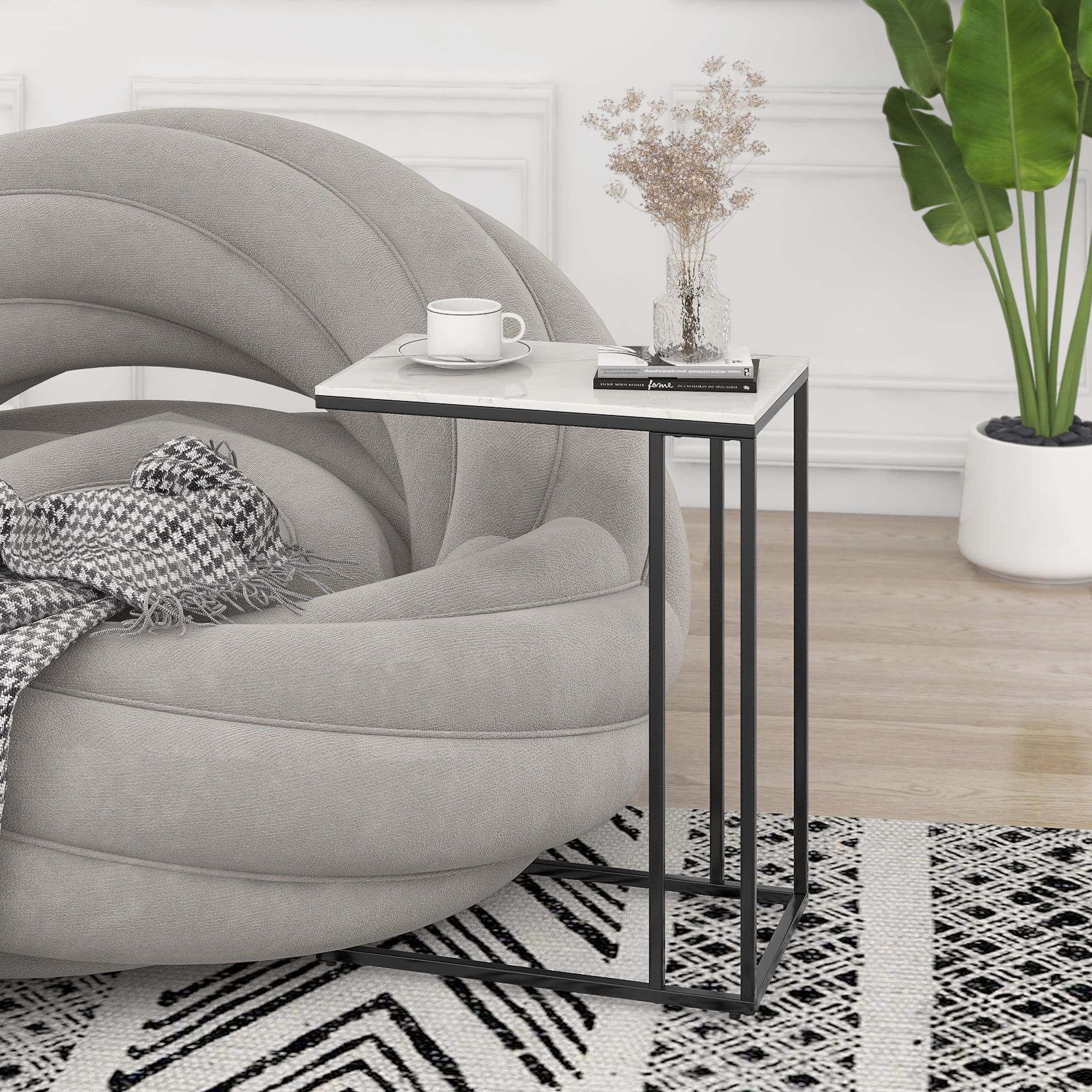 【Promotion】 Sasha C-Shaped Side Table – Portable White Top with Gold Metal Frame for Sofa, Bedside, Laptop & Snack Use