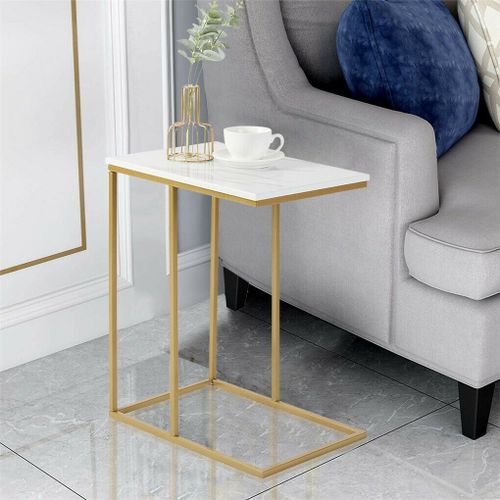 【Promotion】 Sasha C-Shaped Side Table – Portable White Top with Gold Metal Frame for Sofa, Bedside, Laptop & Snack Use