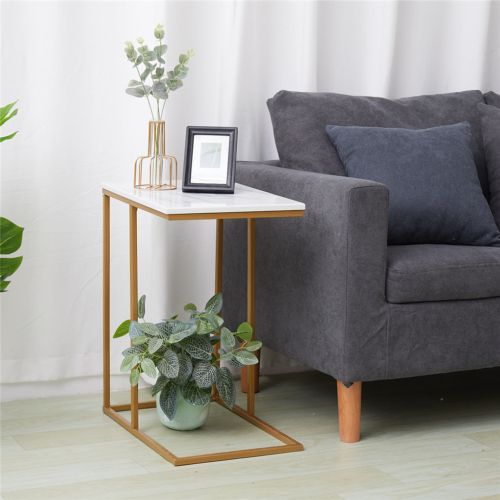【Promotion】 Sasha C-Shaped Side Table – Portable White Top with Gold Metal Frame for Sofa, Bedside, Laptop & Snack Use