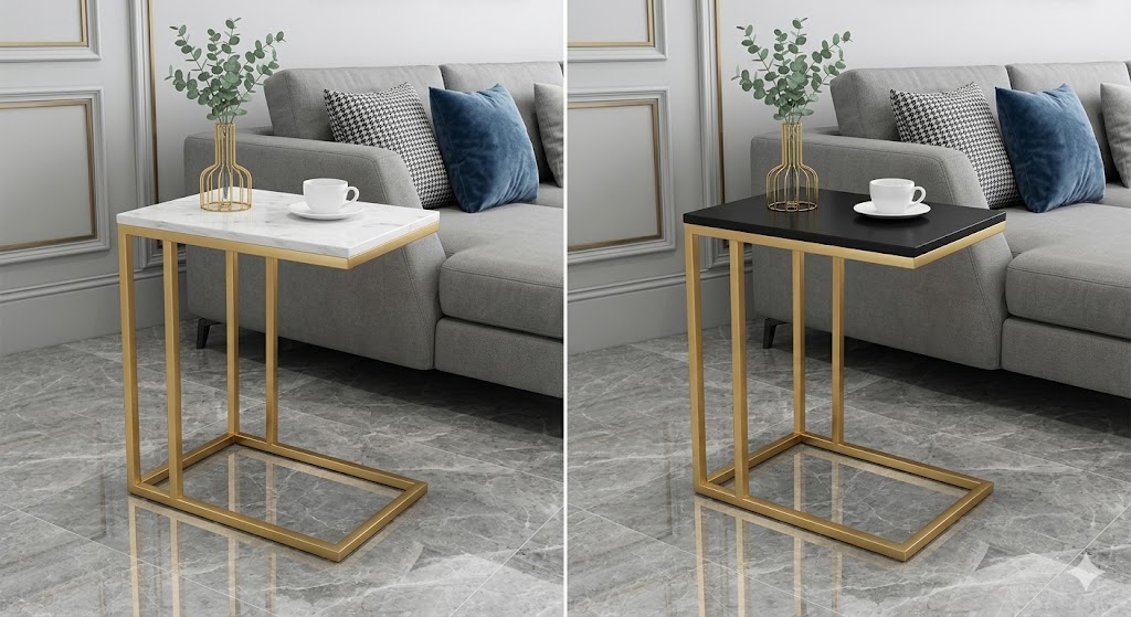 【Promotion】 Sasha C-Shaped Side Table – Portable White Top with Gold Metal Frame for Sofa, Bedside, Laptop & Snack Use
