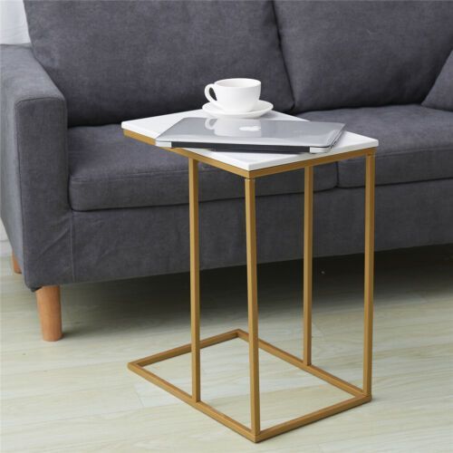 【Promotion】 Sasha C-Shaped Side Table – Portable White Top with Gold Metal Frame for Sofa, Bedside, Laptop & Snack Use