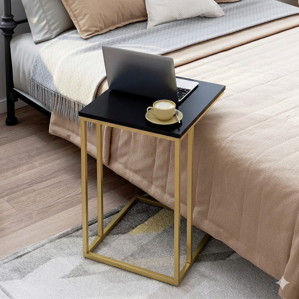 【Promotion】 Sasha C-Shaped Side Table – Portable White Top with Gold Metal Frame for Sofa, Bedside, Laptop & Snack Use
