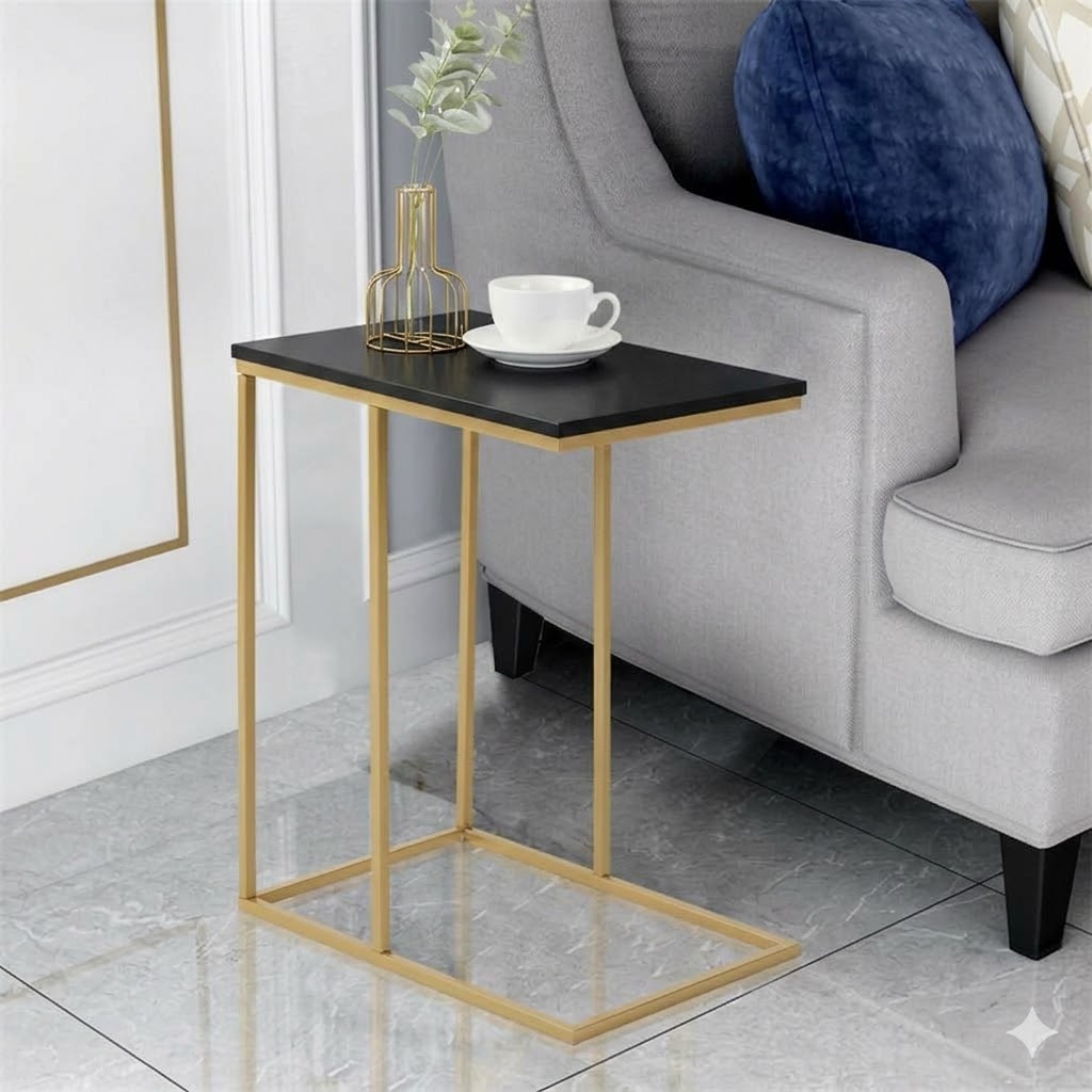【Promotion】 Sasha C-Shaped Side Table – Portable White Top with Gold Metal Frame for Sofa, Bedside, Laptop & Snack Use