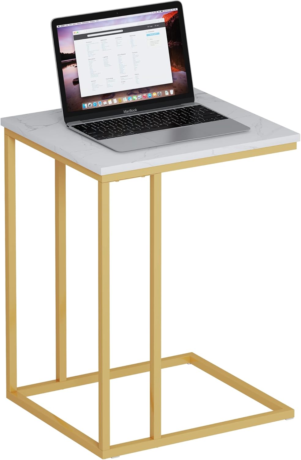 【Promotion】 Sasha C-Shaped Side Table – Portable White Top with Gold Metal Frame for Sofa, Bedside, Laptop & Snack Use