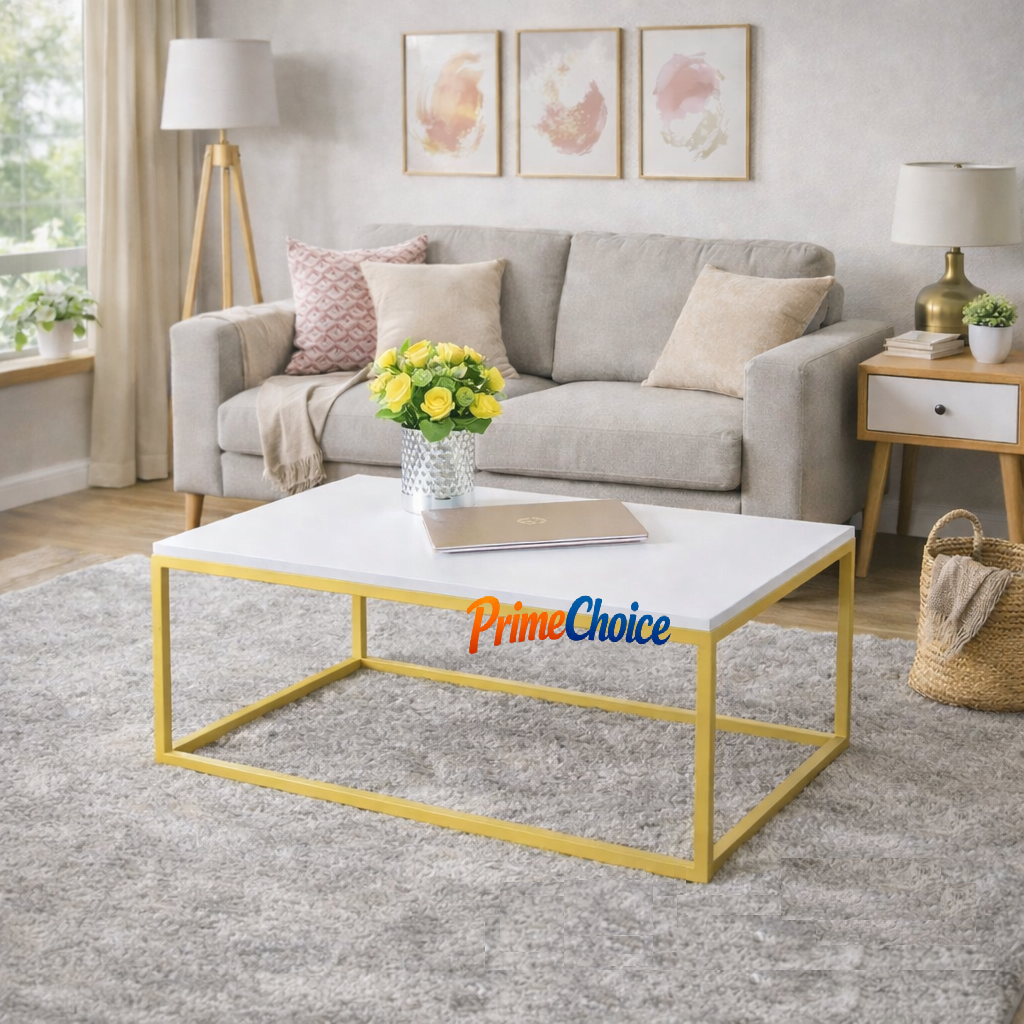 Felly Coffee Table – Modern White Top with Gold Frame