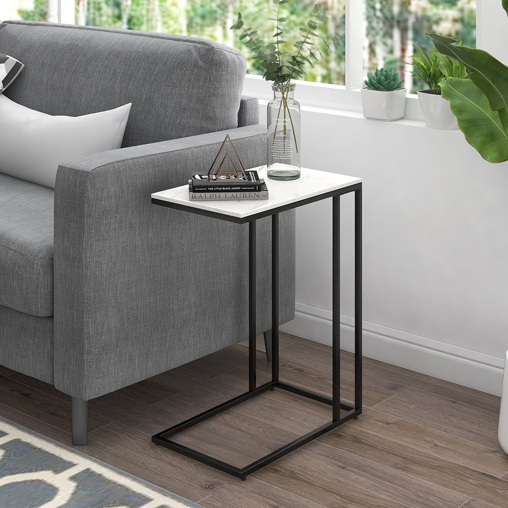 【Promotion】 Sasha C-Shaped Side Table – Portable White Top with Gold Metal Frame for Sofa, Bedside, Laptop & Snack Use