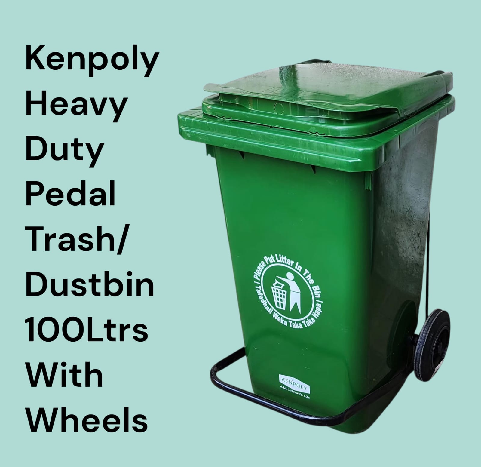 Kenpoly Heavy Duty 100L Pedal Trash Bin with Wheels, Durable Plastic Dustbin for Home, Office and Outdoor Waste Management, Hands-Free Hygienic Garbage Bin with Easy-Move Rolling Design