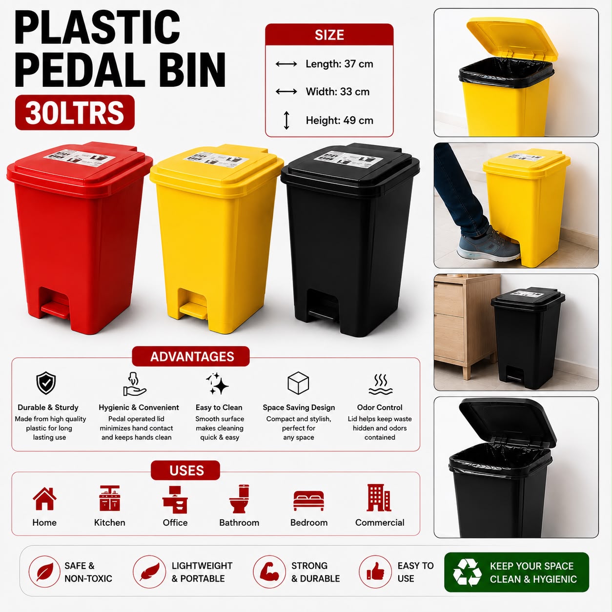 NEL 30L Heavy Plastic Pedal Dustbin – Strong Durable Waste Bin with Hands-Free Foot Pedal, Easy-Clean Large Capacity Trash Can for Home, Office, Kitchen and Commercial Use