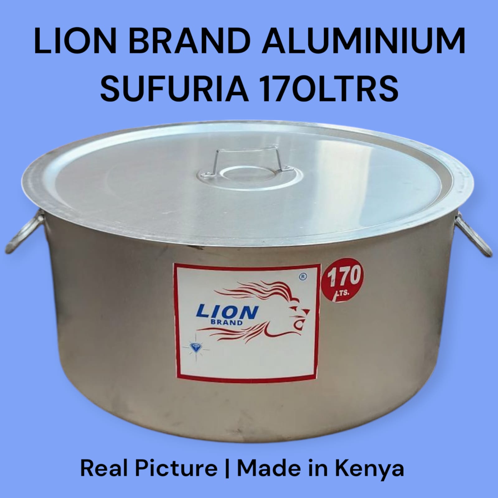Lion Brand 170L Heavy Duty Aluminum Cooking Sufuria, Large Capacity Kitchen Cooking Pot with Strong Handles and Matching Lid, Durable Big Family and Commercial Catering Cookware for Hotels and Restaur
