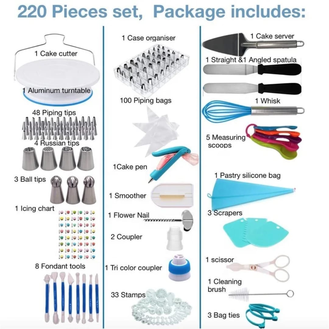 220-Piece Cake Decorating Set, Complete Baking and Pastry Decoration Kit with Multiple Accessories for Icing, Frosting, Cupcakes, Cookies and Homemade Cakes, Ideal for Beginners and Baking Enthusiasts