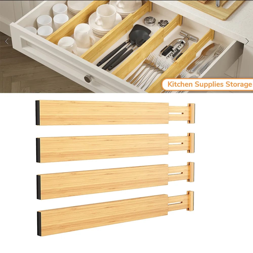 Expandable Bamboo Drawer Dividers Without Inserts, Adjustable Drawer Organisers for Kitchen Utensils, Cutlery, Socks, Underwear and Household Essentials, Space-Saving Storage Solution, Neat and Tidy