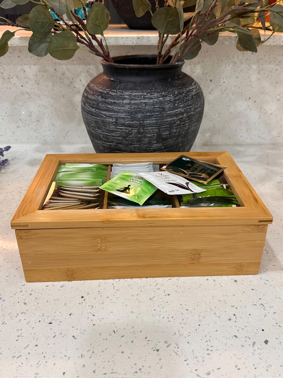 6-Slot Bamboo Wooden Tea Bag Organiser – Water-Resistant and Moisture-Proof Tea Storage Box for Tea Bags, Kitchen Countertops, Dining Areas, Office Tea Stations and Home Beverage Organization