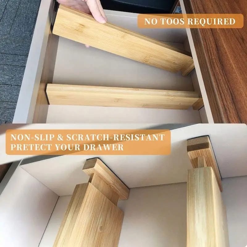 Expandable Bamboo Drawer Dividers Without Inserts, Adjustable Drawer Organisers for Kitchen Utensils, Cutlery, Socks, Underwear and Household Essentials, Space-Saving Storage Solution, Neat and Tidy