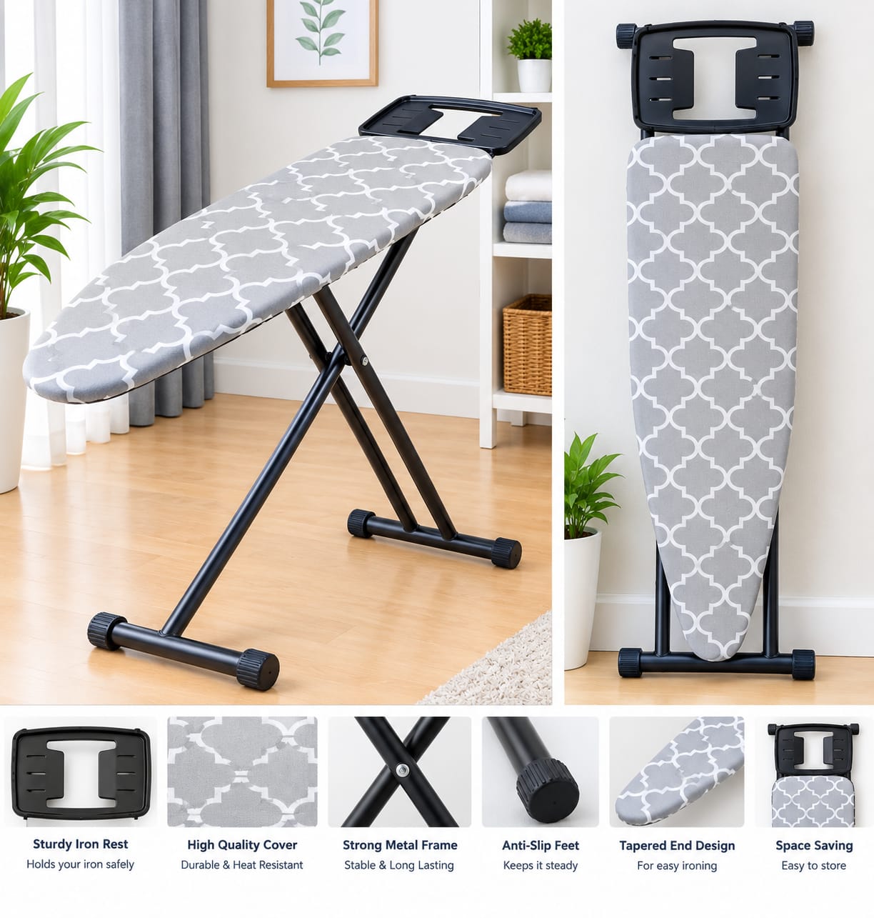 Heavy-Duty Metallic Foldable Ironing Board – Portable and Height-Adjustable Ironing Table with Sturdy Metal Frame, Space-Saving Folding Design for Home Laundry, Clothes Pressing and Everyday Household