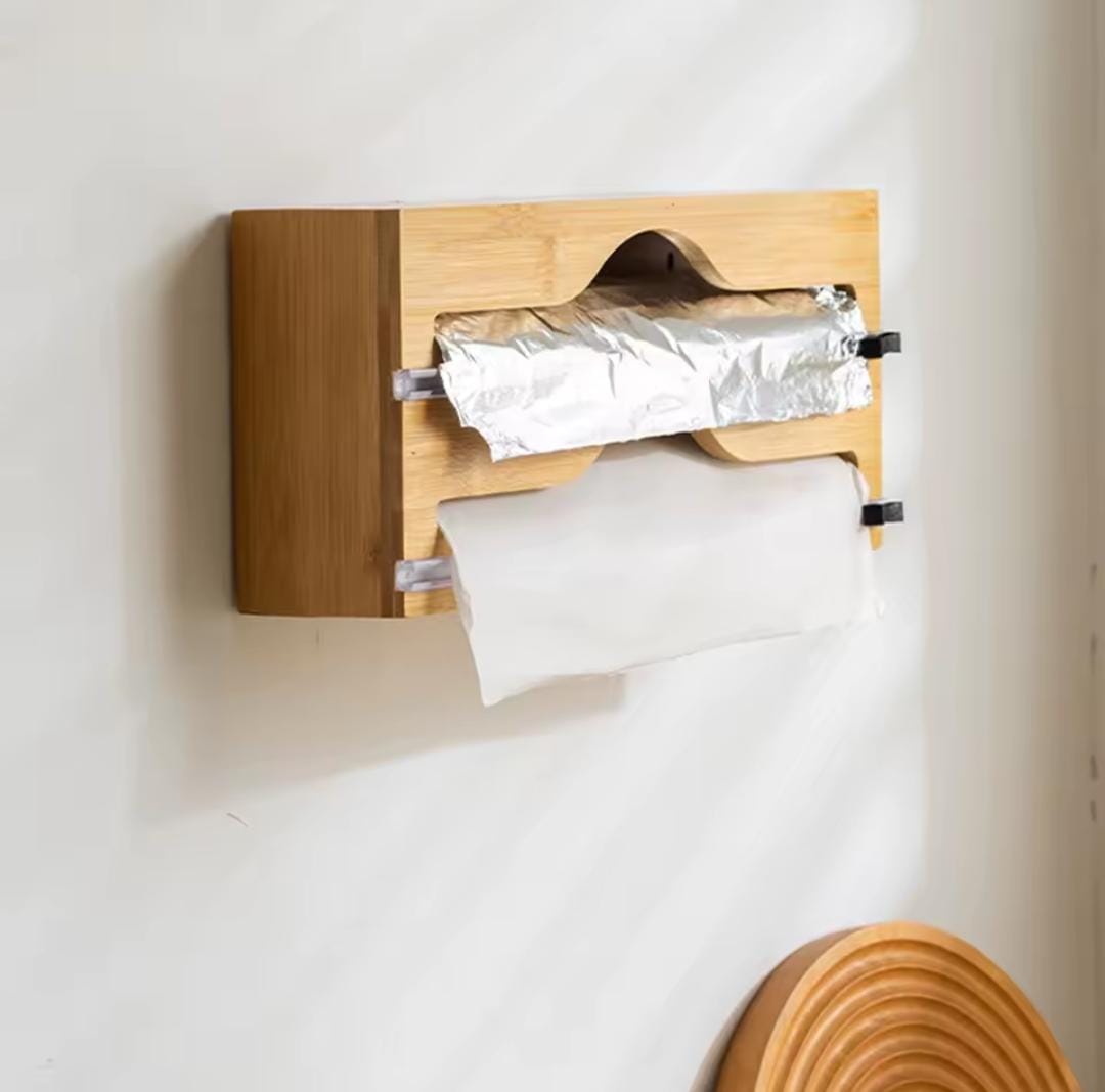 Wall-Mounted Triple Foil and Wrap Dispenser – Bamboo Kitchen Storage Organizer for Cling Film, Aluminium Foil and Food Wrap, Space-Saving Kitchen Accessory for Convenient Food Storage and Everyday Use