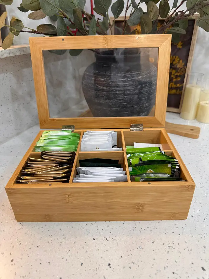 6-Slot Bamboo Wooden Tea Bag Organiser – Water-Resistant and Moisture-Proof Tea Storage Box for Tea Bags, Kitchen Countertops, Dining Areas, Office Tea Stations and Home Beverage Organization