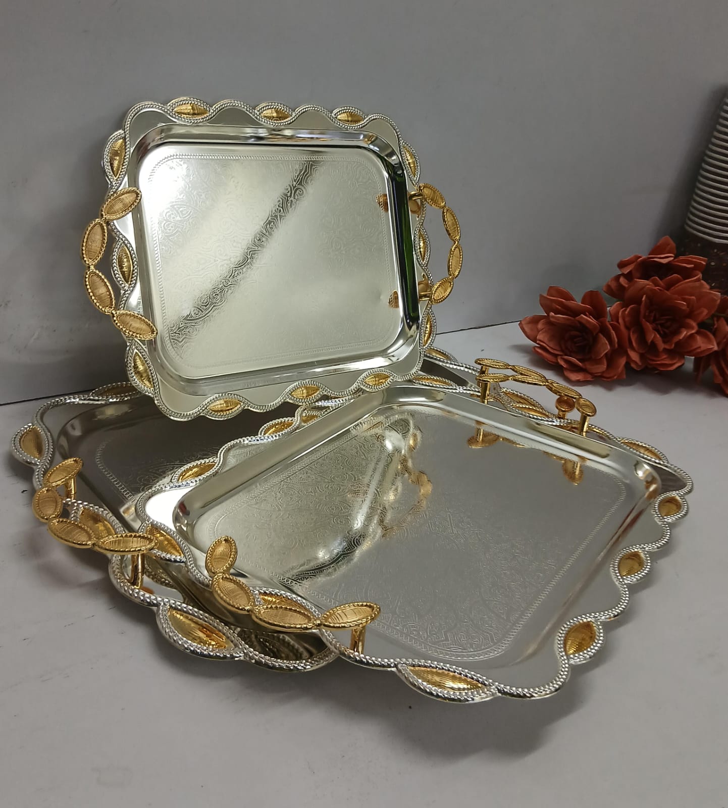 3 Pcs Stainless Steel Serving Tray Set with Gold-Finished Handles and Floral Design – Round and Rectangular Serving Platters for Snacks, Fruits, Desserts and Food Presentation, Decorative Trays