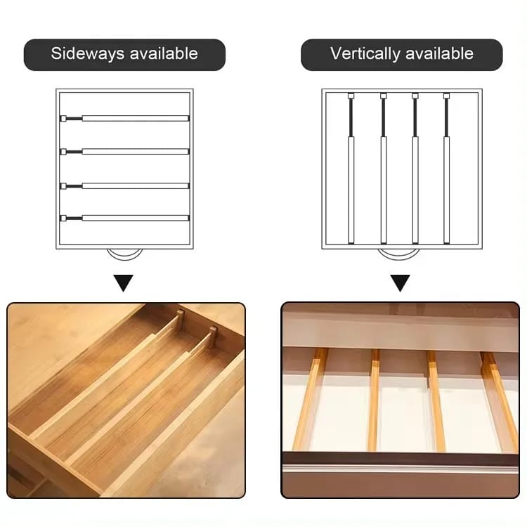 Expandable Bamboo Drawer Dividers Without Inserts, Adjustable Drawer Organisers for Kitchen Utensils, Cutlery, Socks, Underwear and Household Essentials, Space-Saving Storage Solution, Neat and Tidy