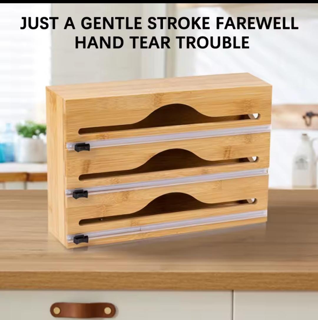 Wall-Mounted Triple Foil and Wrap Dispenser – Bamboo Kitchen Storage Organizer for Cling Film, Aluminium Foil and Food Wrap, Space-Saving Kitchen Accessory for Convenient Food Storage and Everyday Use