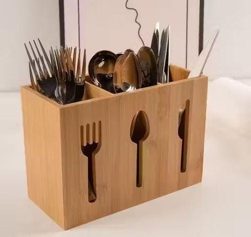 3 Compartment Bamboo Cutlery Holder with Drainage Holes – Kitchen Utensil Organiser and Storage Stand for Spoons, Forks, Knives and Other Cutlery, Designed for Easy Water Drainage and Neat Countertop