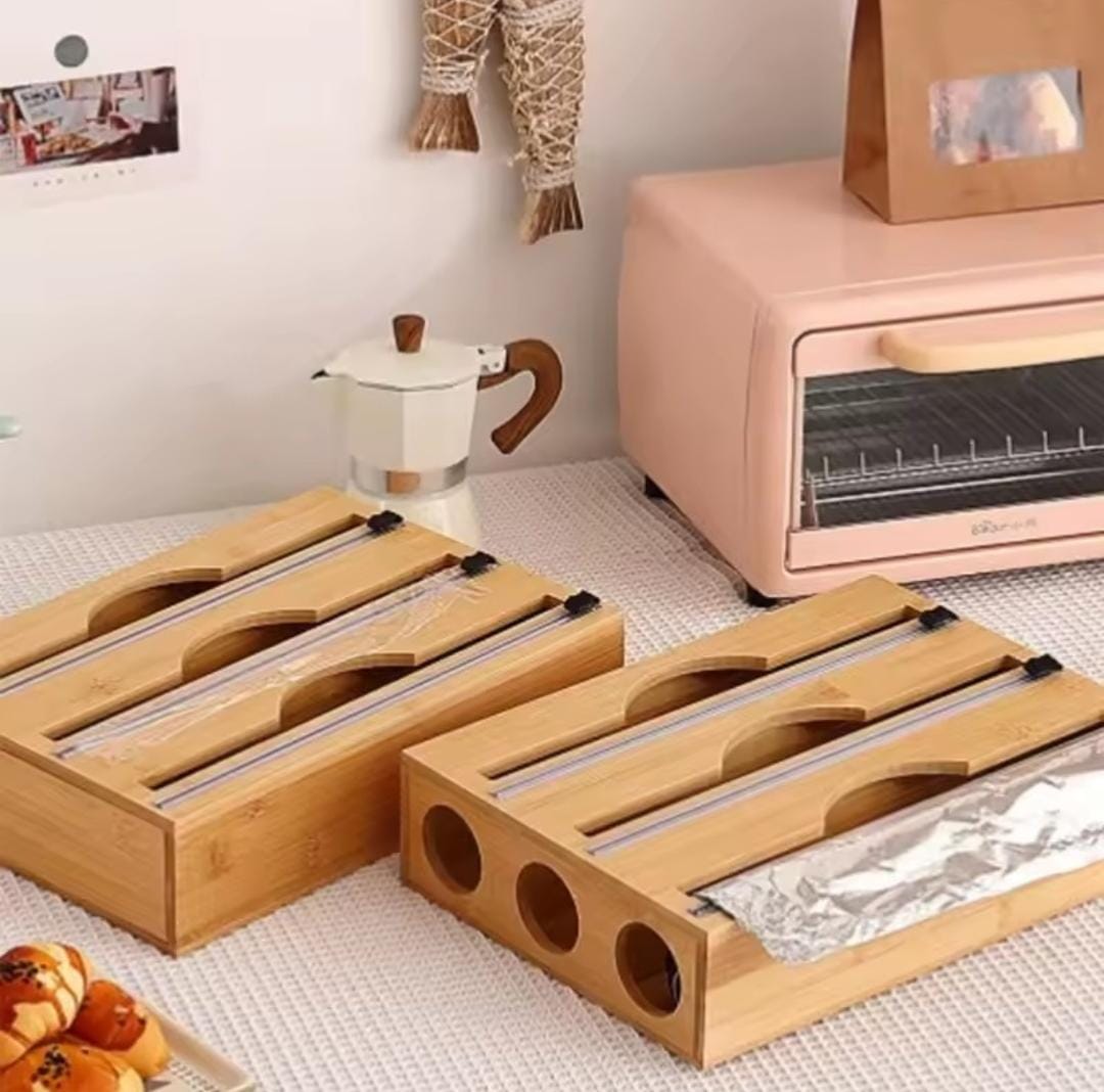 Wall-Mounted Triple Foil and Wrap Dispenser – Bamboo Kitchen Storage Organizer for Cling Film, Aluminium Foil and Food Wrap, Space-Saving Kitchen Accessory for Convenient Food Storage and Everyday Use