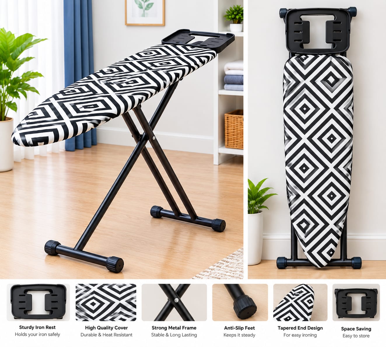 Heavy-Duty Metallic Foldable Ironing Board – Portable and Height-Adjustable Ironing Table with Sturdy Metal Frame, Space-Saving Folding Design for Home Laundry, Clothes Pressing and Everyday Household