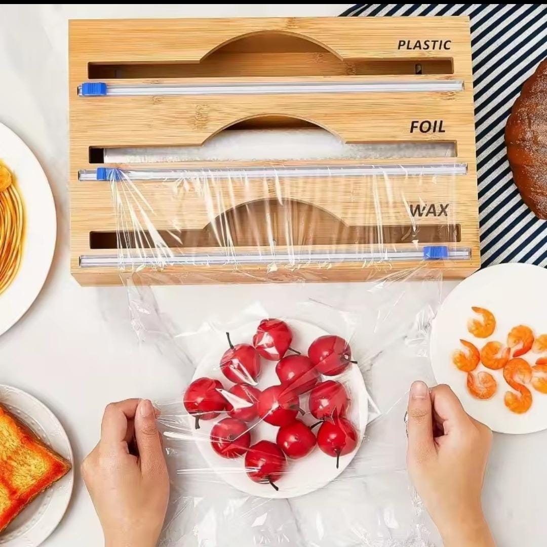 Wall-Mounted Triple Foil and Wrap Dispenser – Bamboo Kitchen Storage Organizer for Cling Film, Aluminium Foil and Food Wrap, Space-Saving Kitchen Accessory for Convenient Food Storage and Everyday Use