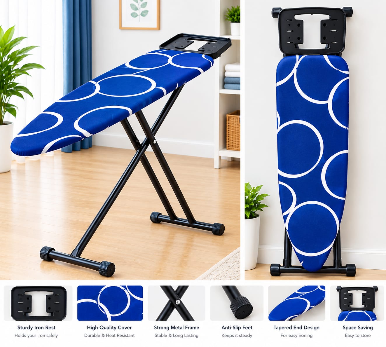 Heavy-Duty Metallic Foldable Ironing Board – Portable and Height-Adjustable Ironing Table with Sturdy Metal Frame, Space-Saving Folding Design for Home Laundry, Clothes Pressing and Everyday Household