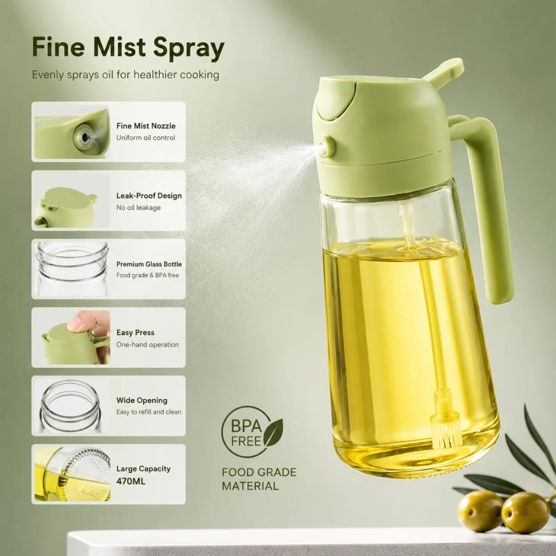 470ml Dual Oil Dispenser and Sprayer, Refillable Cooking Oil Bottle for Pouring and Spraying, Multipurpose Kitchen Accessory for Food Preparation, Cooking, Baking and Salad Dressing