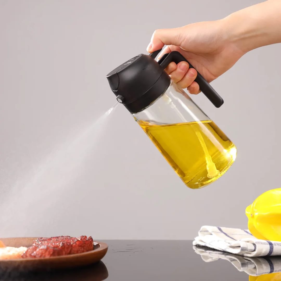 470ml Dual Oil Dispenser and Sprayer, Refillable Cooking Oil Bottle for Pouring and Spraying, Multipurpose Kitchen Accessory for Food Preparation, Cooking, Baking and Salad Dressing