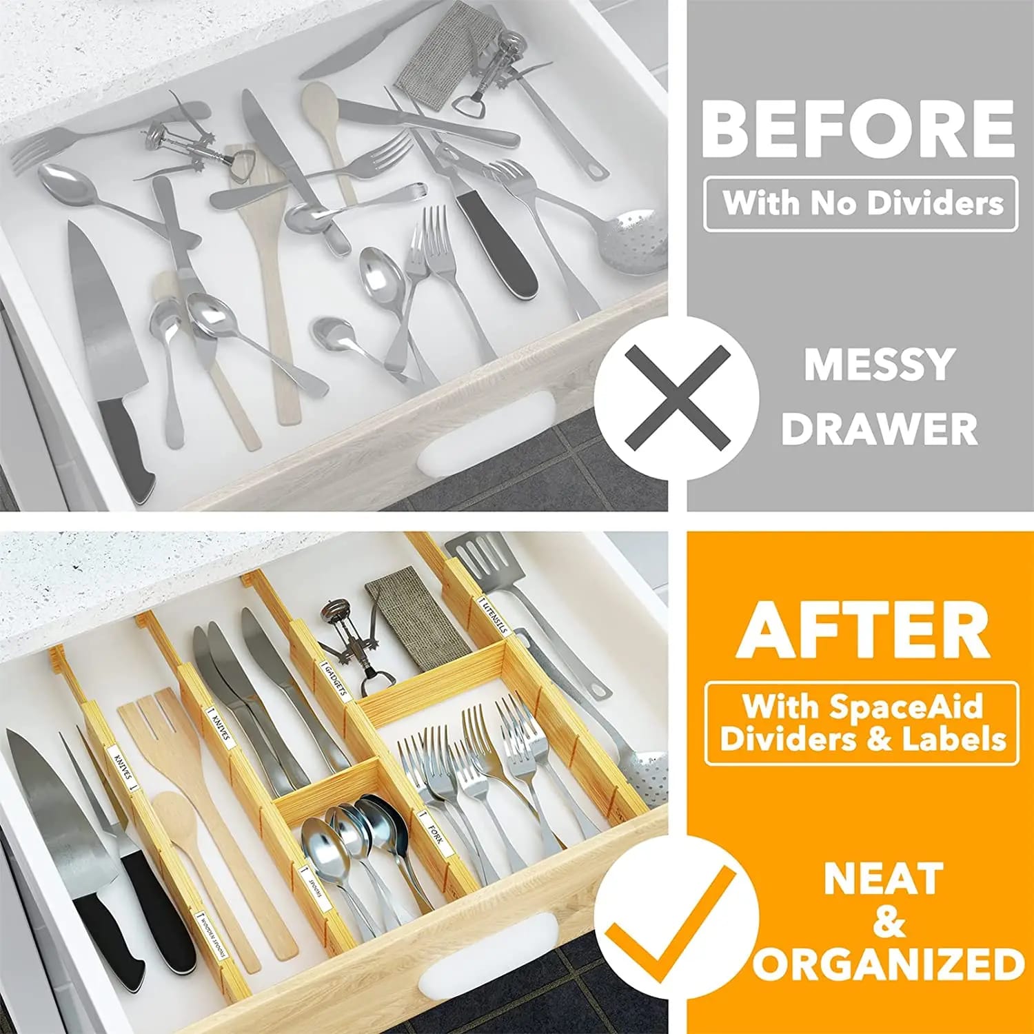 Expandable Bamboo Drawer Dividers with Inserts, Adjustable Drawer Organisers for Kitchen Utensils, Cutlery, Socks, Underwear and Household Essentials, Space-Saving Storage Solution for Neat and Tidy