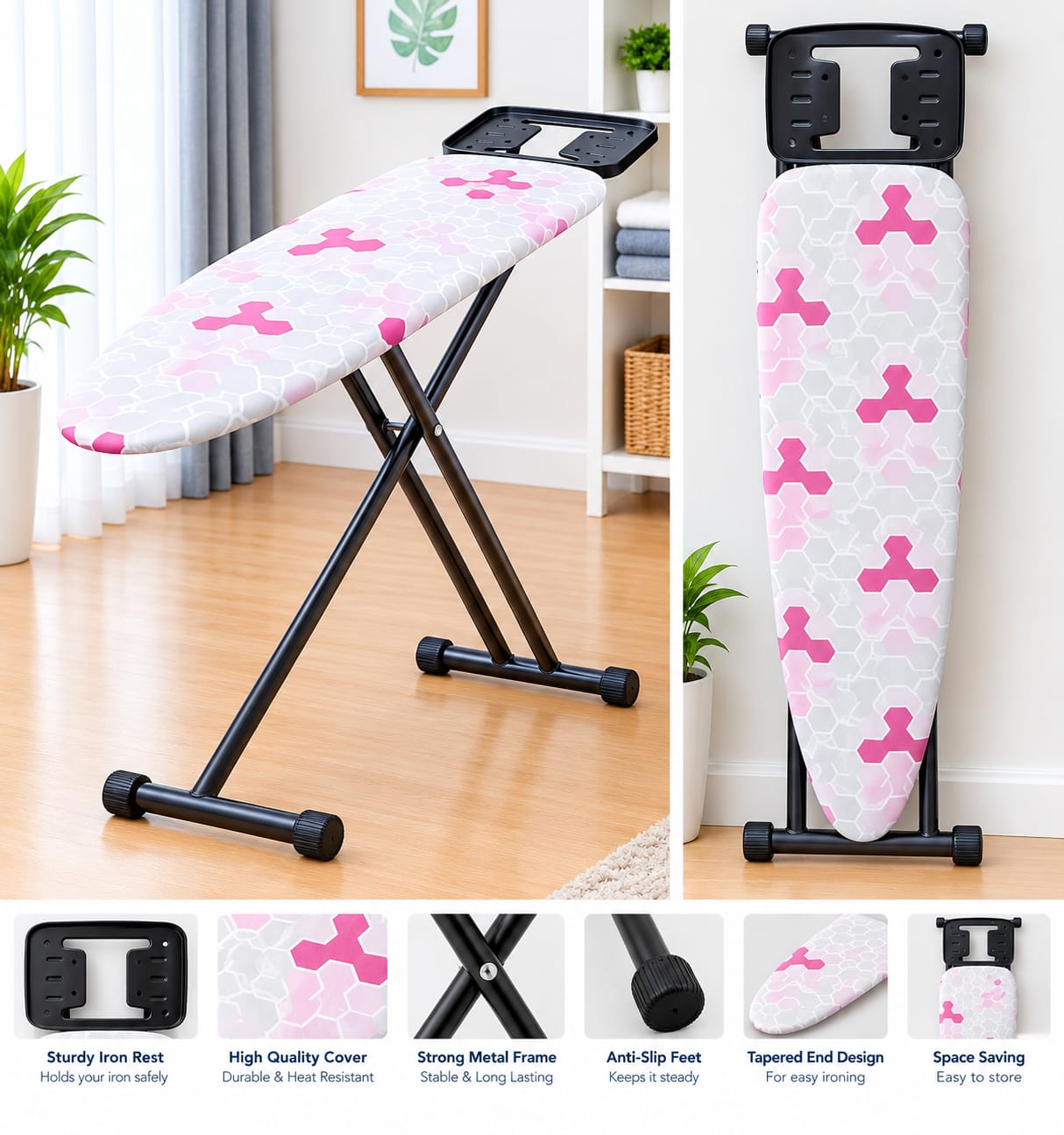 Heavy-Duty Metallic Foldable Ironing Board – Portable and Height-Adjustable Ironing Table with Sturdy Metal Frame, Space-Saving Folding Design for Home Laundry, Clothes Pressing and Everyday Household
