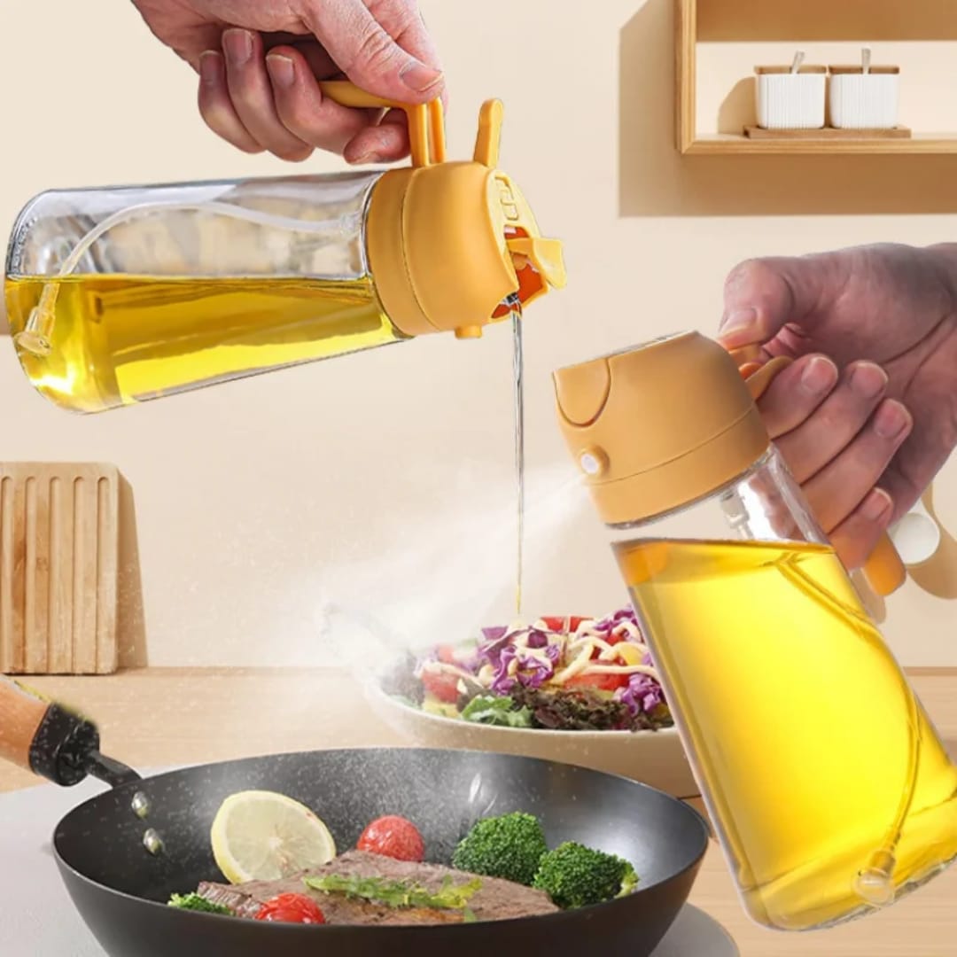 470ml Dual Oil Dispenser and Sprayer, Refillable Cooking Oil Bottle for Pouring and Spraying, Multipurpose Kitchen Accessory for Food Preparation, Cooking, Baking and Salad Dressing