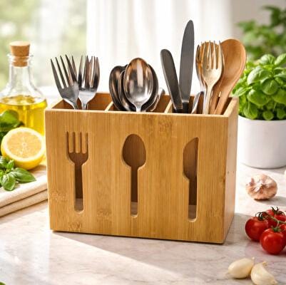 3 Compartment Bamboo Cutlery Holder with Drainage Holes – Kitchen Utensil Organiser and Storage Stand for Spoons, Forks, Knives and Other Cutlery, Designed for Easy Water Drainage and Neat Countertop