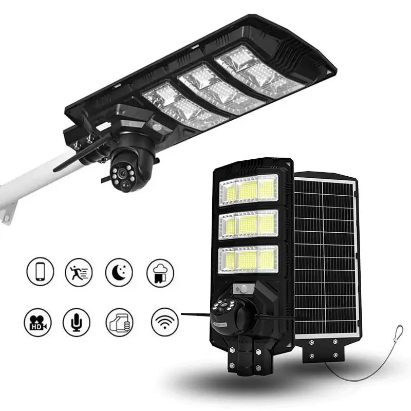 AI Outdoor Solar Street Light CCTV Camera 12MP 4G Triple Lens PTZ With Human Tracking Ultra-low power And PIR sensor alarm