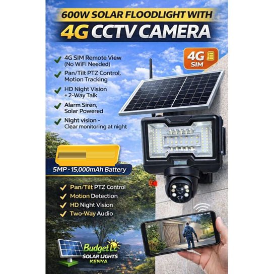 Solar Light 600W Solar Floodlight with 4G CCTV Camera, SIM Card PTZ, Motion Tracking, Night Vision, Two-Way Audio