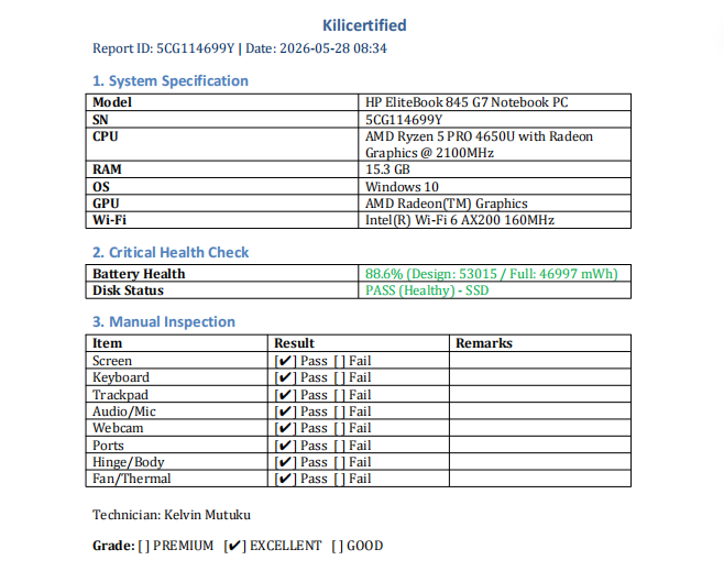 KILICERTIFIED Grade A: HP EliteBook 845 G7 | AMD Ryzen 5 Pro 4650U , 16GB RAM, 512GB SSD | 14" Full HD Windows 10 Pro | 46000 mWh Battery Health | Refurbished Work Laptop | 9 Months Warranty