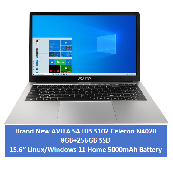 (Free Tablet+Bag) Brand New AVITA SATUS S102 Laptop 8GB+256GB+15.6" SATA 3.0 SSD Storage Intel Celeron N4020 7.4V 5000mAh Battery Linux OS Windows 11 Home on request Bluetooth 5.0