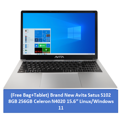 (Free Tablet+Bag) Brand New AVITA SATUS S102 Laptop 8GB+256GB+15.6" SATA 3.0 SSD Storage Intel Celeron N4020 7.4V 5000mAh Battery Linux OS Windows 11 Home on request Bluetooth 5.0