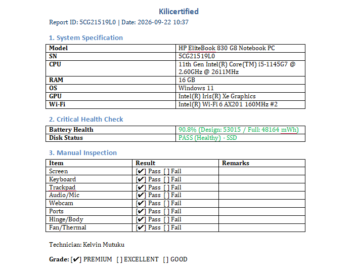 CERTIFIED BY KILIMALL | HP EliteBook 830 G8 | Core i5 11th Generation, 16GB RAM, 512GB SSD | 14" Full HD Windows 11| 46000 mWh Battery | Refurbished Work Laptop | 9 Months Warranty | KiliCertified