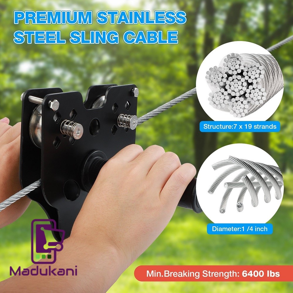 30m 100FT Zip Line for Adults and Kids with Spring Brake and Harness