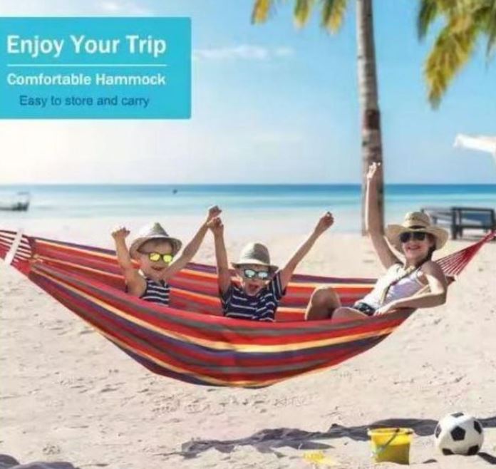 Large Portable Cotton Hammock for 2 Adults – Heavy-Duty Double Camping Hammock (160-300KG Capacity), Foldable Outdoor Garden Swing Bed for Travel, Beach & Backyard