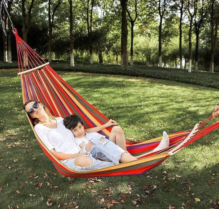 Large Portable Cotton Hammock for 2 Adults – Heavy-Duty Double Camping Hammock (160-300KG Capacity), Foldable Outdoor Garden Swing Bed for Travel, Beach & Backyard